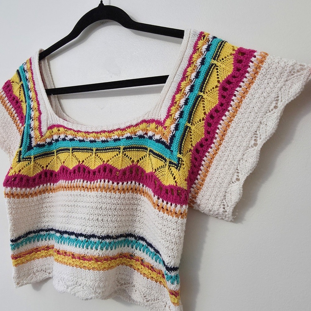 POL Crochet Top Sz S Cropped Open Knit Flutter‎ Boho Cottagecore Hippie Granny - Picture 5 of 13